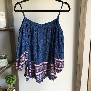 Japna Tribal Print Cold Shoulder Blue Top